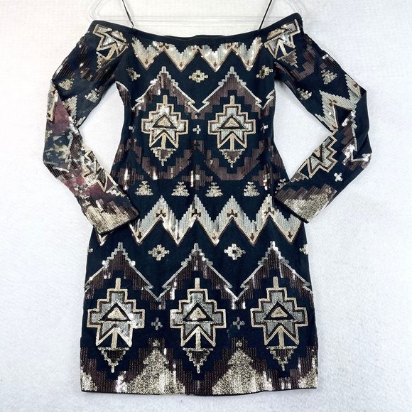 EXPRESS Women S Black Multi Sequin Bodycon Cocktail Party Off The Shoulder Dress - Picture 2 of 14